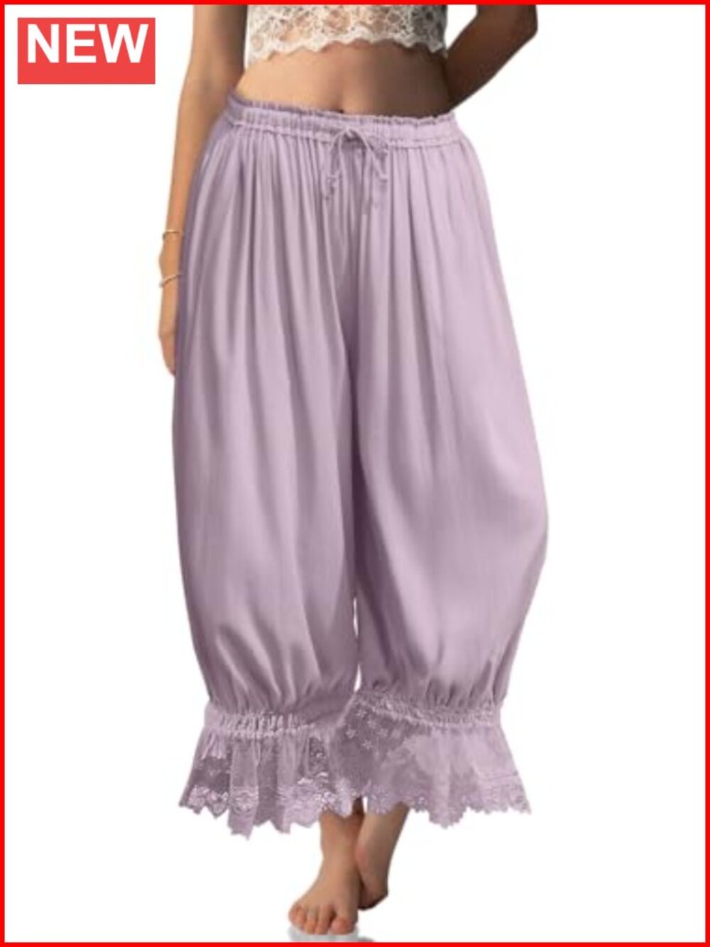 Linen Lace Trim Long Bloomers Pants with Pocket